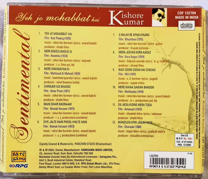 Sentimental Kishore Kumar Yeh Jo Mohabbat Hai Hindi Audio Cd.