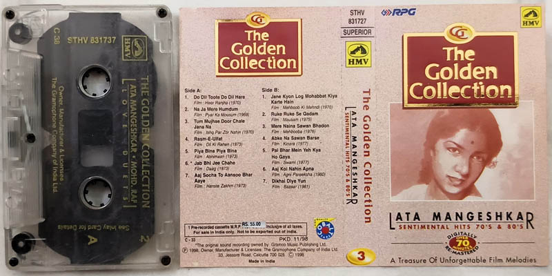 The Golden Collection Lata Mangeshkar Sentimental Hits 70s and 80s Vol.3 Hindi Audio Cassette