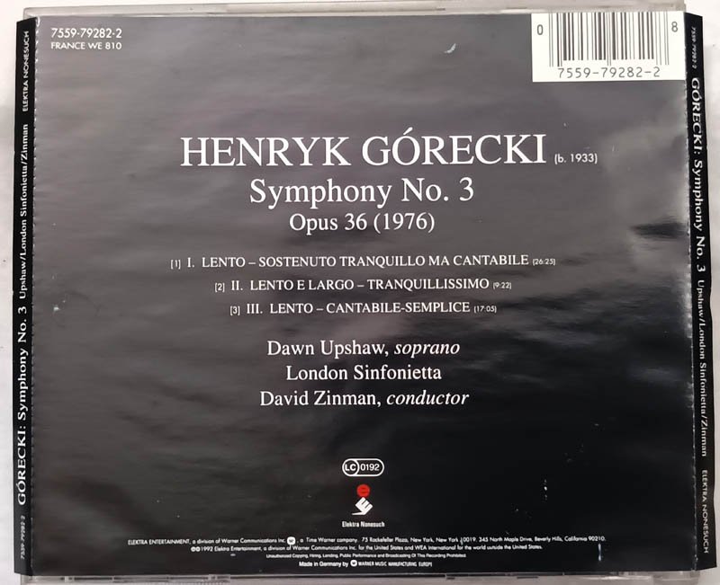 Henryk Gorecki Symphony No 3 Opus 36 1986 Audio cd.
