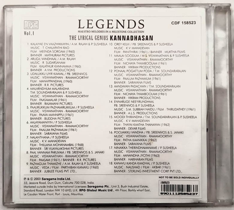 Legends The Lyrical Genius Kannadhasan Vol.1 Tamil Audio Cd - Image 2