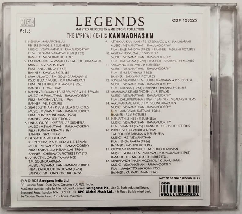 Legends The Lyrical Genius Kannadhasan Vol.1 Tamil Audio Cd - Image 5