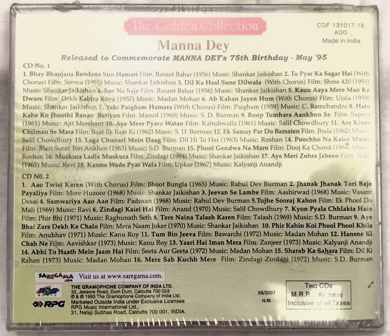 The Golden Collection Manna Dey Hindi Audio cd