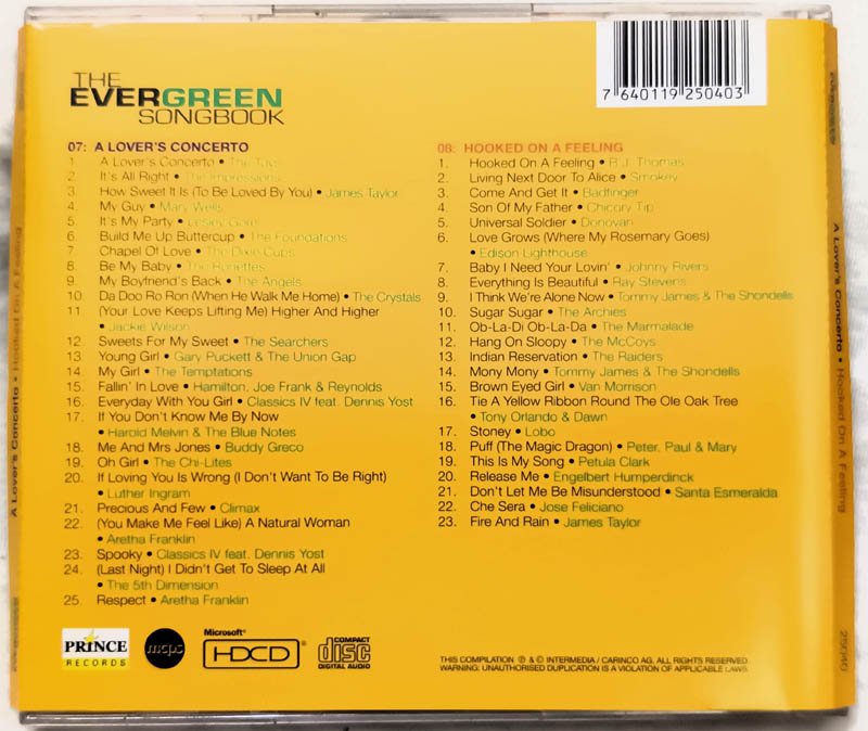The Evergreen Songbook A Lover Concerto Hooked on feeling Audio cd.