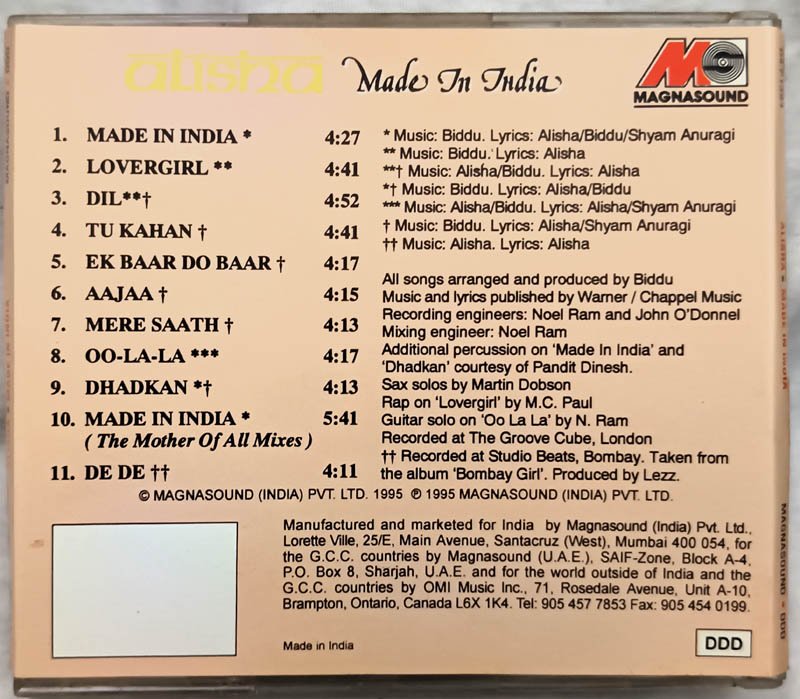 Alisha Made In India Hindi Audio Cd