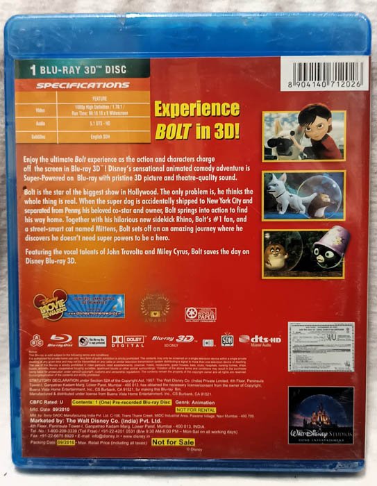 Bolt 3D English Movie Blu-Ray Disc.