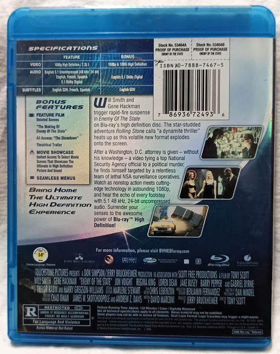 Enemy of The State English Movie Blu-Ray Disc.