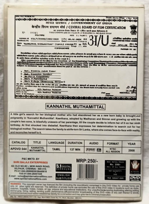 Kannathil Muthamittal Tamil Movie Dvd...