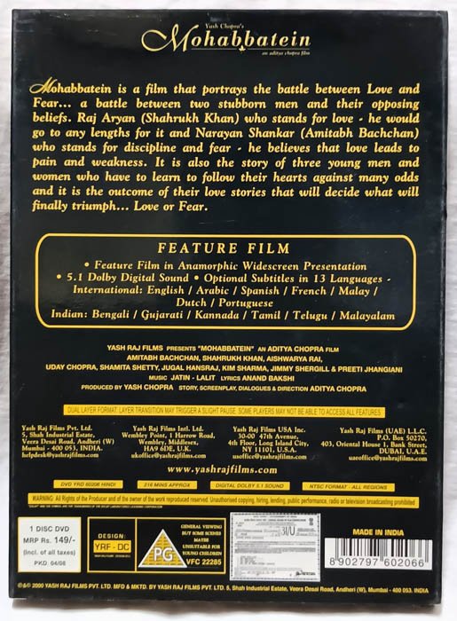 Mohabbatein Hindi Movie Dvd