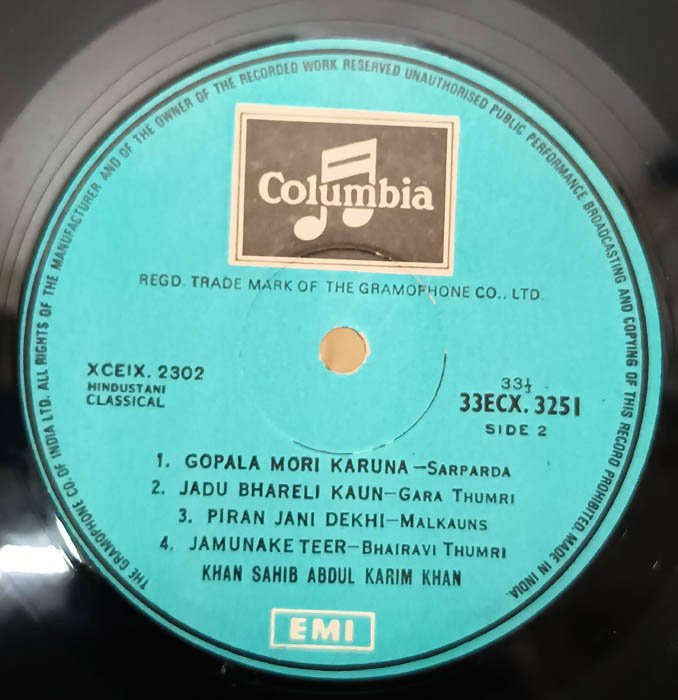 Hindustani Classical Khan Sahib Abdul Karim Khan Vinyl Record LP