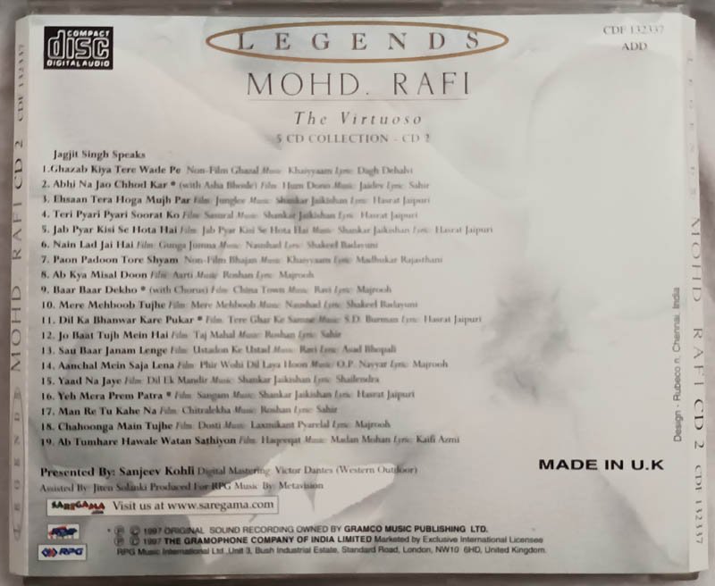 Legends Mohd Rafi The Virtuoso Vol 2 Hindi Audio cd.